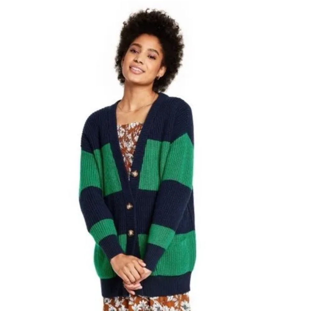 La Ligne x Target - Women’s Rugby Stripe Cardigan Sweater in Green/Navy